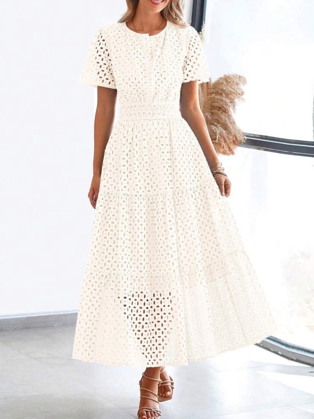 Elegant White Eyelet Maxi Dress with Short Sleeves